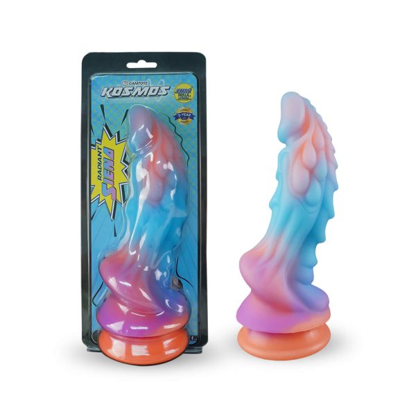 Dildo realista Radiant Siena con ventosa y diseño vibrante en azul y rosado.